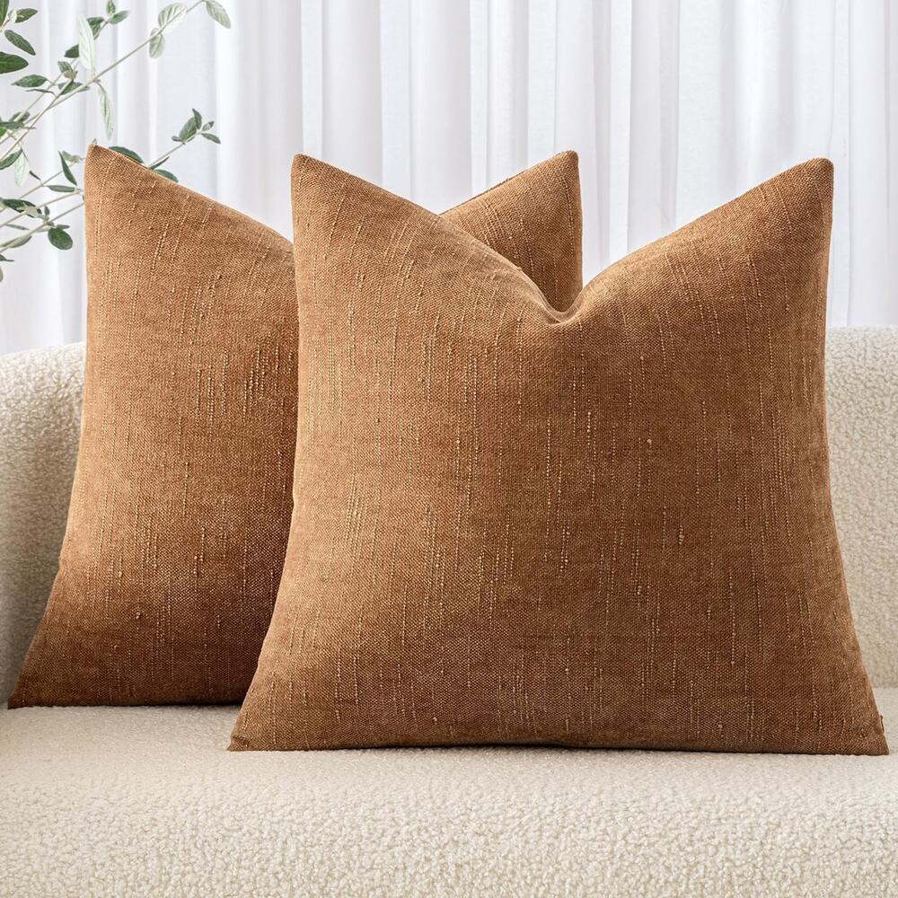 18x18 Chenille Pillow Cover Farmhouse Decor Throw Pillowcase Brown Set of 2